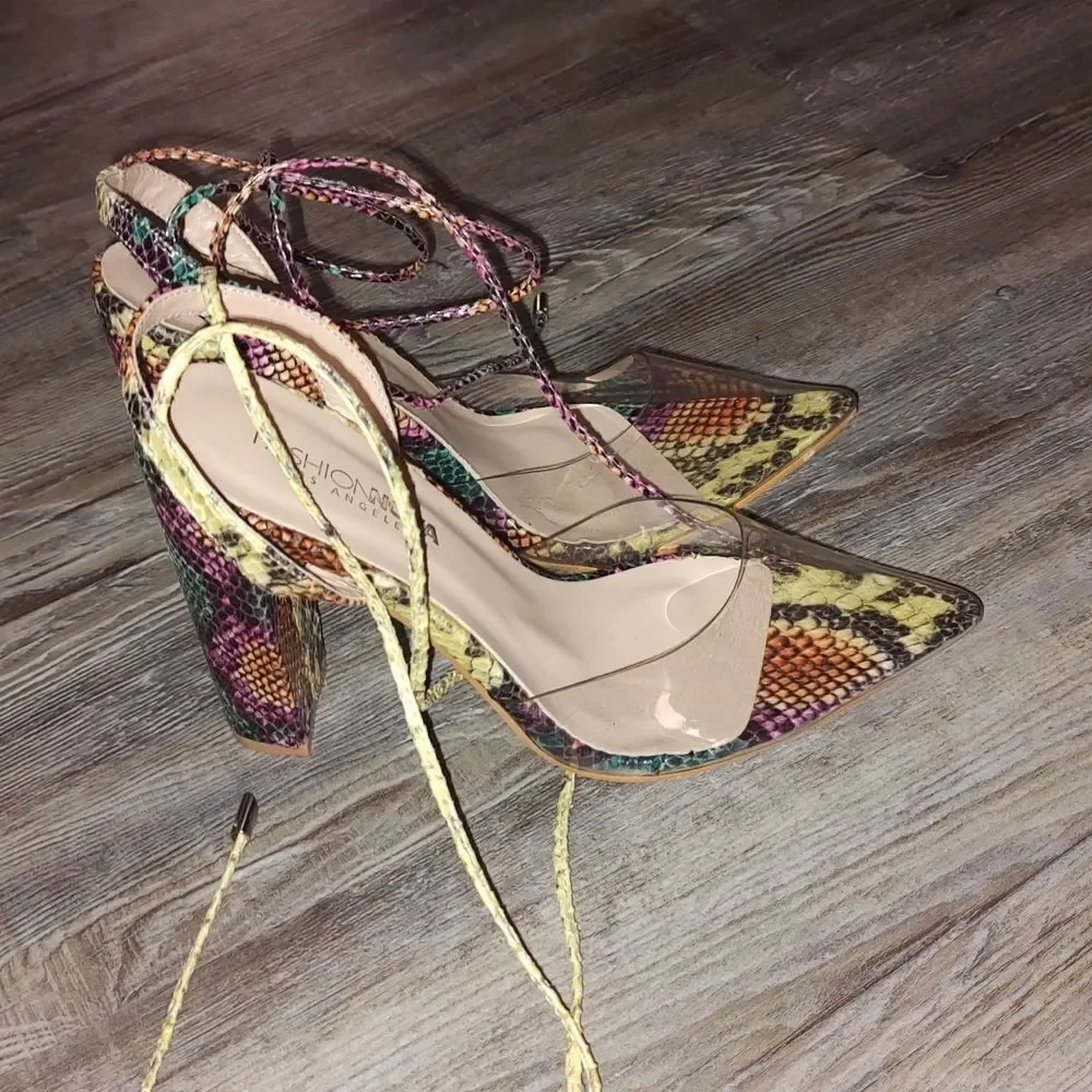 Fashion Nova Arani Multicolor Snakeskin Heels  Sz 9 NWOT